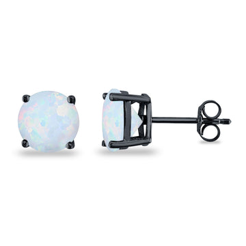 Butterfly Prong Round Casting Black Tone, Lab Created White Opal Stud Earrings 925 Sterling Silver